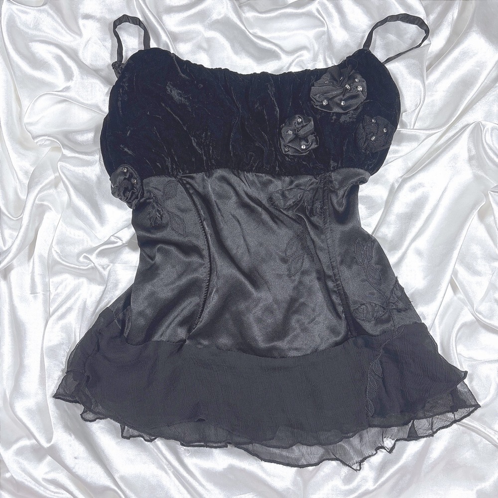 y2k Cami Top Black Fair Velvet Satin Rosette Rhinestone Ruffle Lulumari T12374
